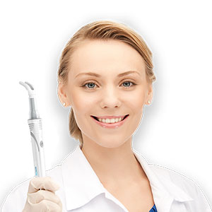 Photo of a blonde dental assistant holding a dental vibe injector