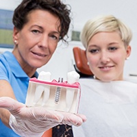 Asheville implant dentist showing patient a model of dentla implants