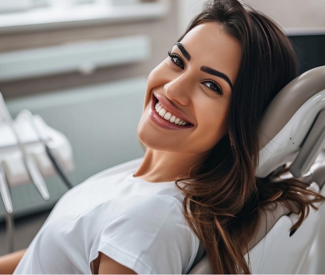 Woman sitting in dental chair and smiling
