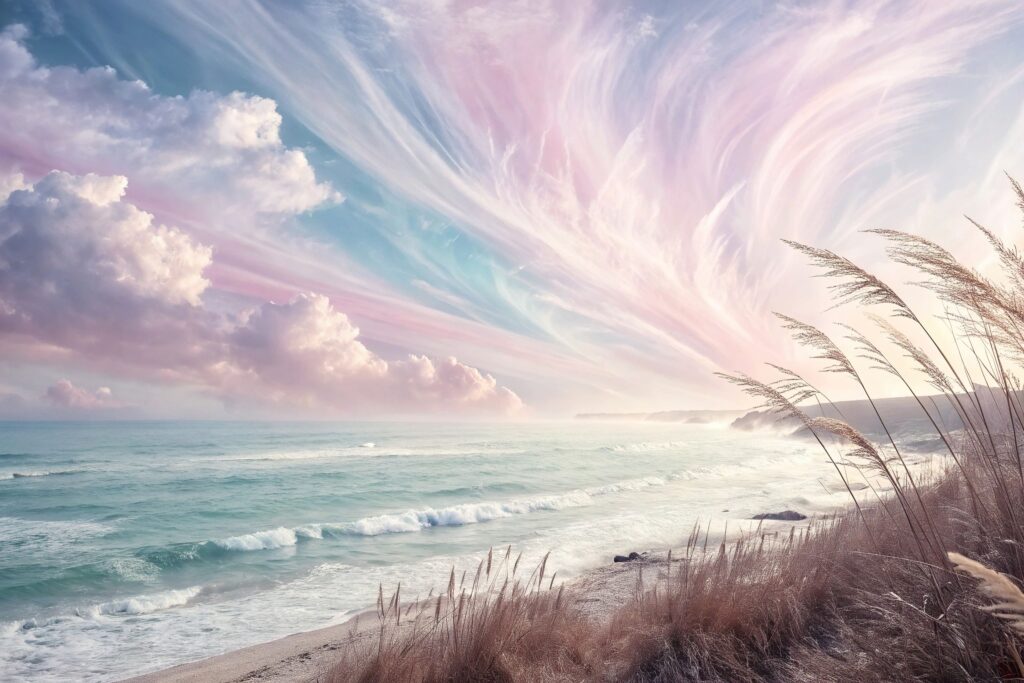 Painting of the ocean is soothing blues and pale pinks